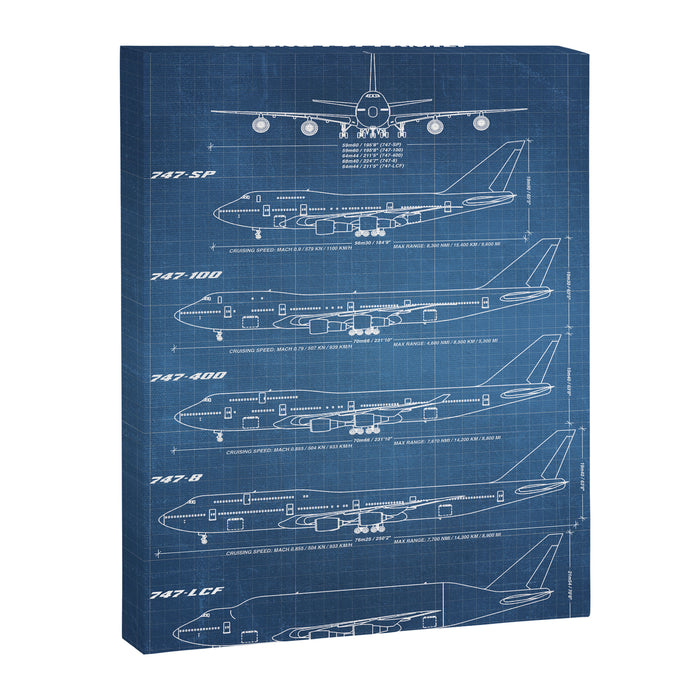 Boeing 747 Family Blueprint in High Resolution (light blue) Canvas Print Gallery Image 1