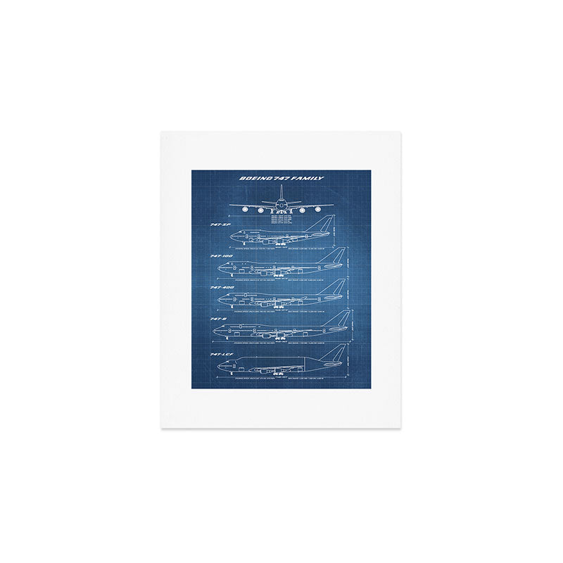 Boeing 747 Family Blueprint in High Resolution (light blue) Art Print Gallery Image 1