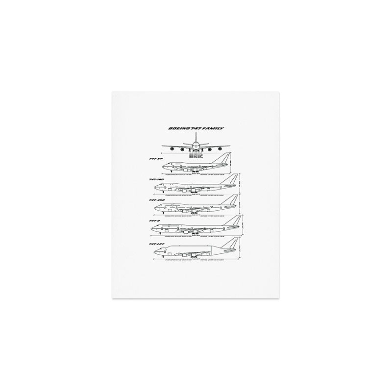 Boeing 747 Family Blueprint in High Resolution (white) Art Print Gallery Image 1