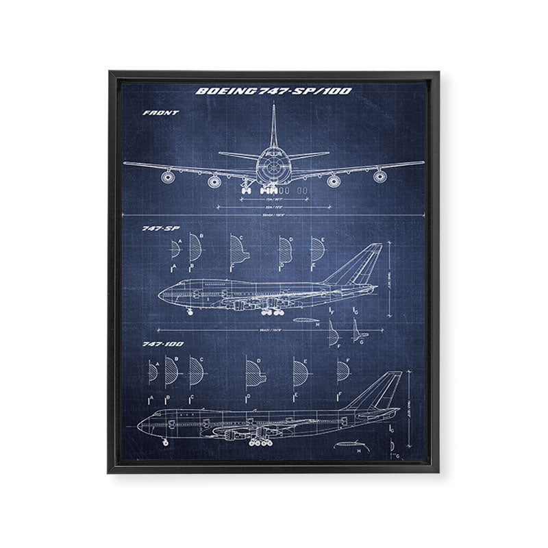 Boeing 747-SP and 747-100 Blueprint in High Resolution (dark blue) Framed Canvas Print Gallery Image 6