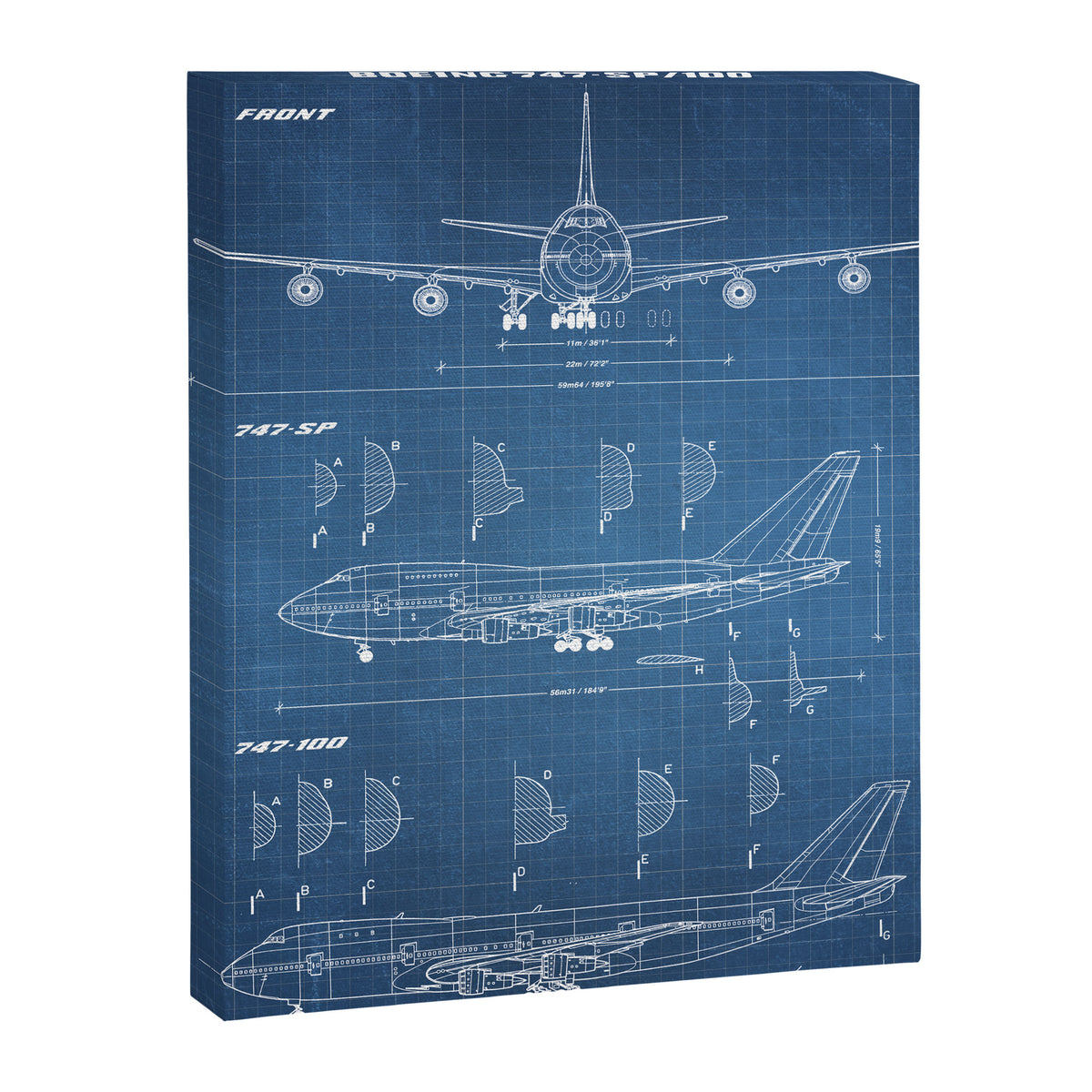 Boeing 747-SP and 747-100 Blueprint in High Resolution (light blue) Canvas Print Gallery Image 6