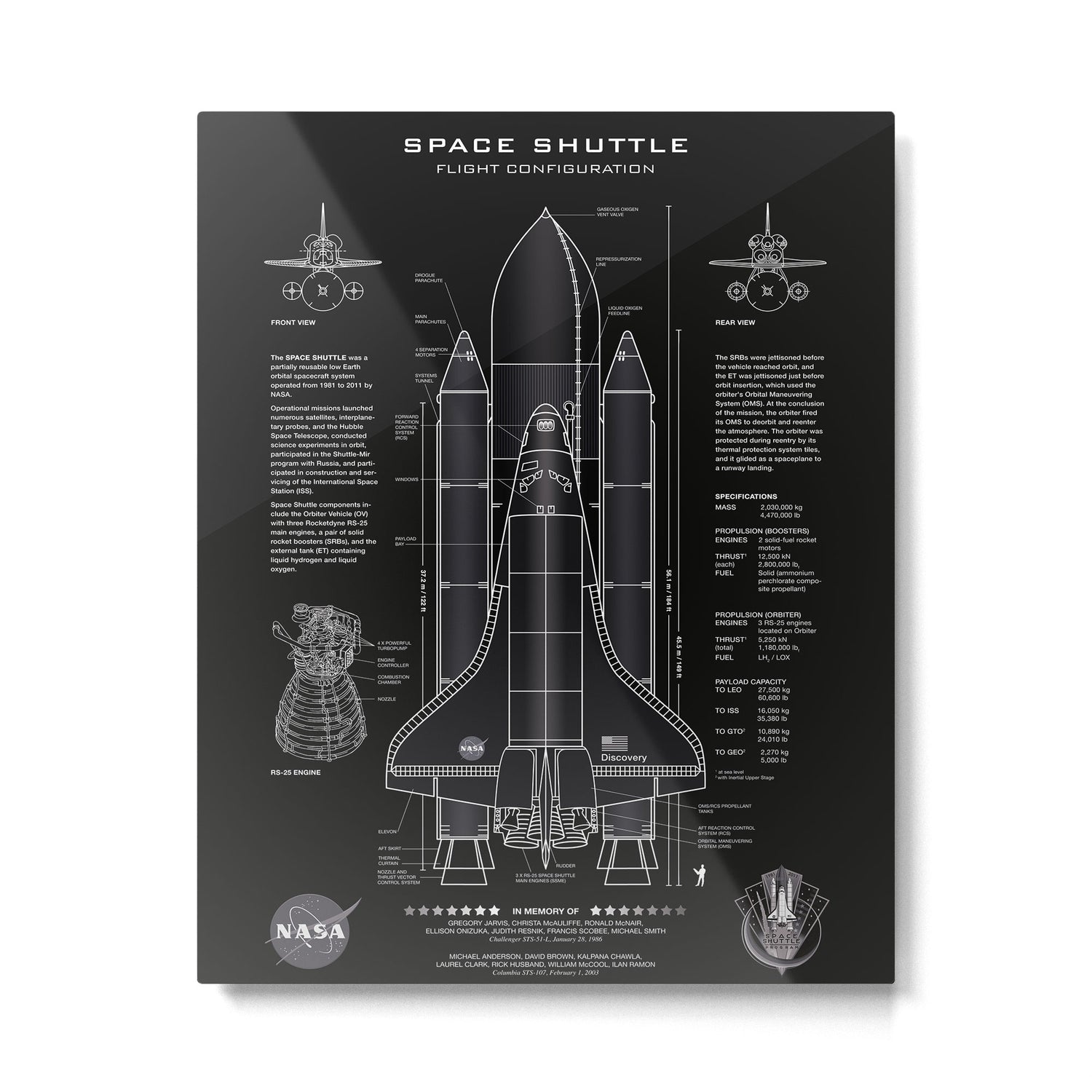 NASA Space Shuttle Blueprint in High Resolution (all black)  Metal Print Gallery Image 6