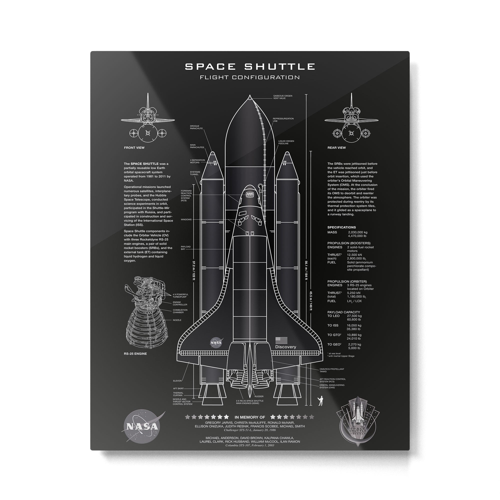 NASA Space Shuttle Blueprint in High Resolution (all black)  Metal Print Gallery Image 6