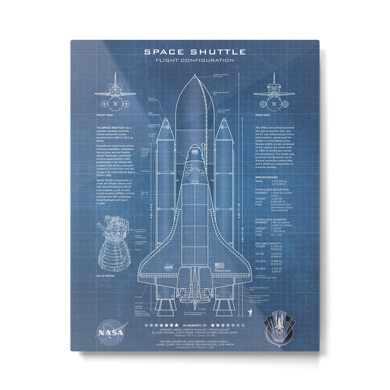 NASA Space Shuttle Blueprint in High Resolution (light blue)  Metal Print Gallery Image 6