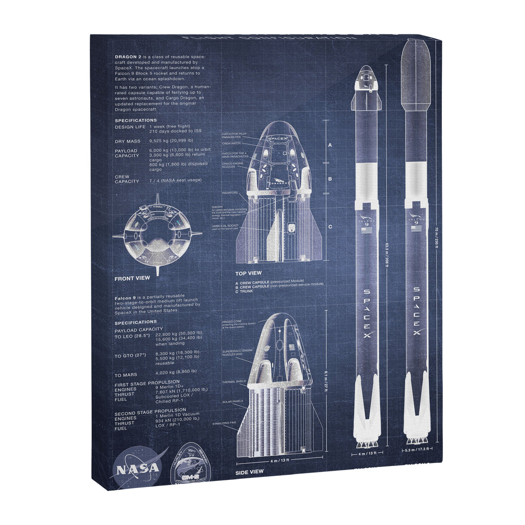 NASA SpaceX Crew Dragon Spacecraft & Falcon 9 Rocket Blueprint in High Resolution (dark blue) Canvas Print Gallery Image 6