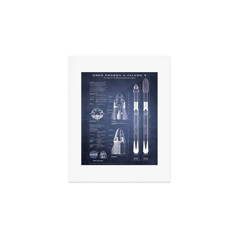 NASA SpaceX Crew Dragon Spacecraft & Falcon 9 Rocket Blueprint in High Resolution (dark blue) Art Print Gallery Image 1