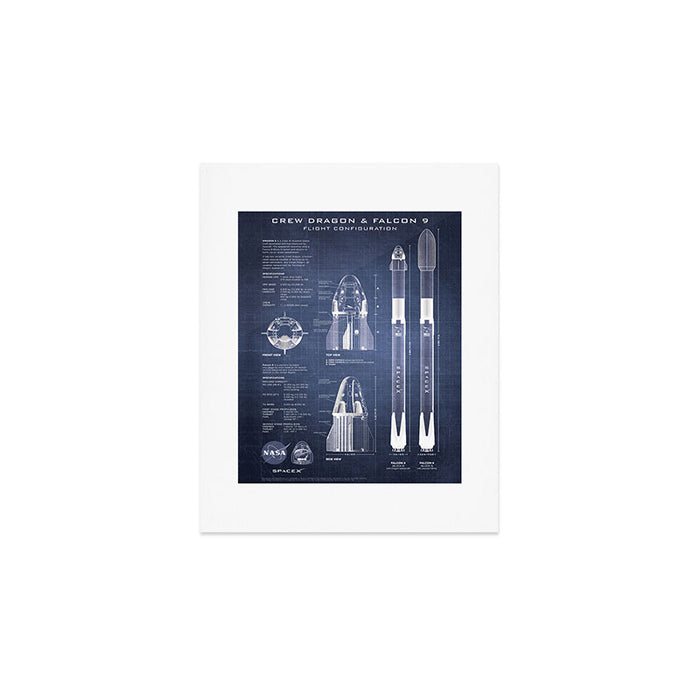 NASA SpaceX Crew Dragon Spacecraft & Falcon 9 Rocket Blueprint in High Resolution (dark blue) Art Print Gallery Image 1