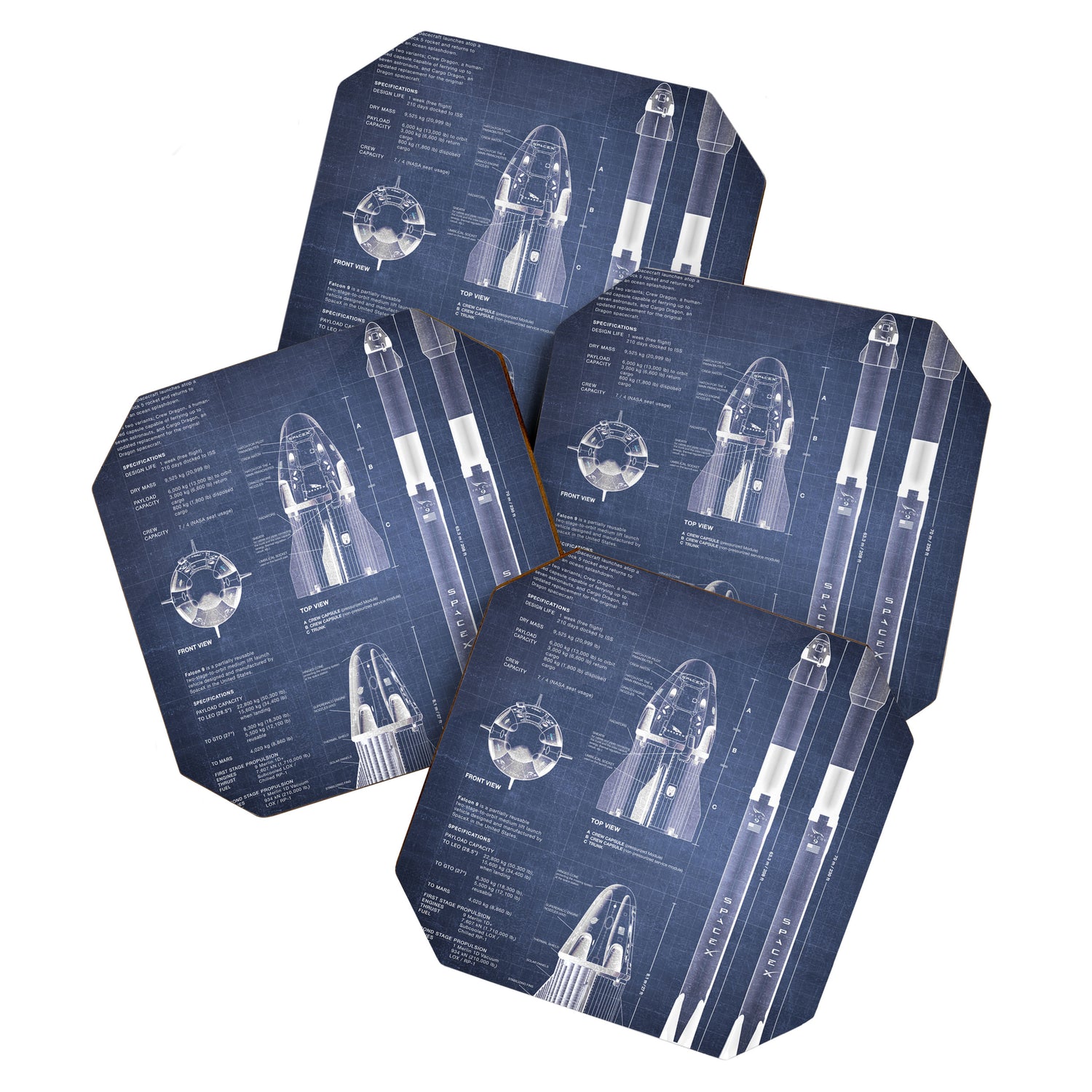NASA SpaceX Crew Dragon Spacecraft & Falcon 9 Rocket Blueprint in High Resolution (dark blue) Coaster Gallery Image 1