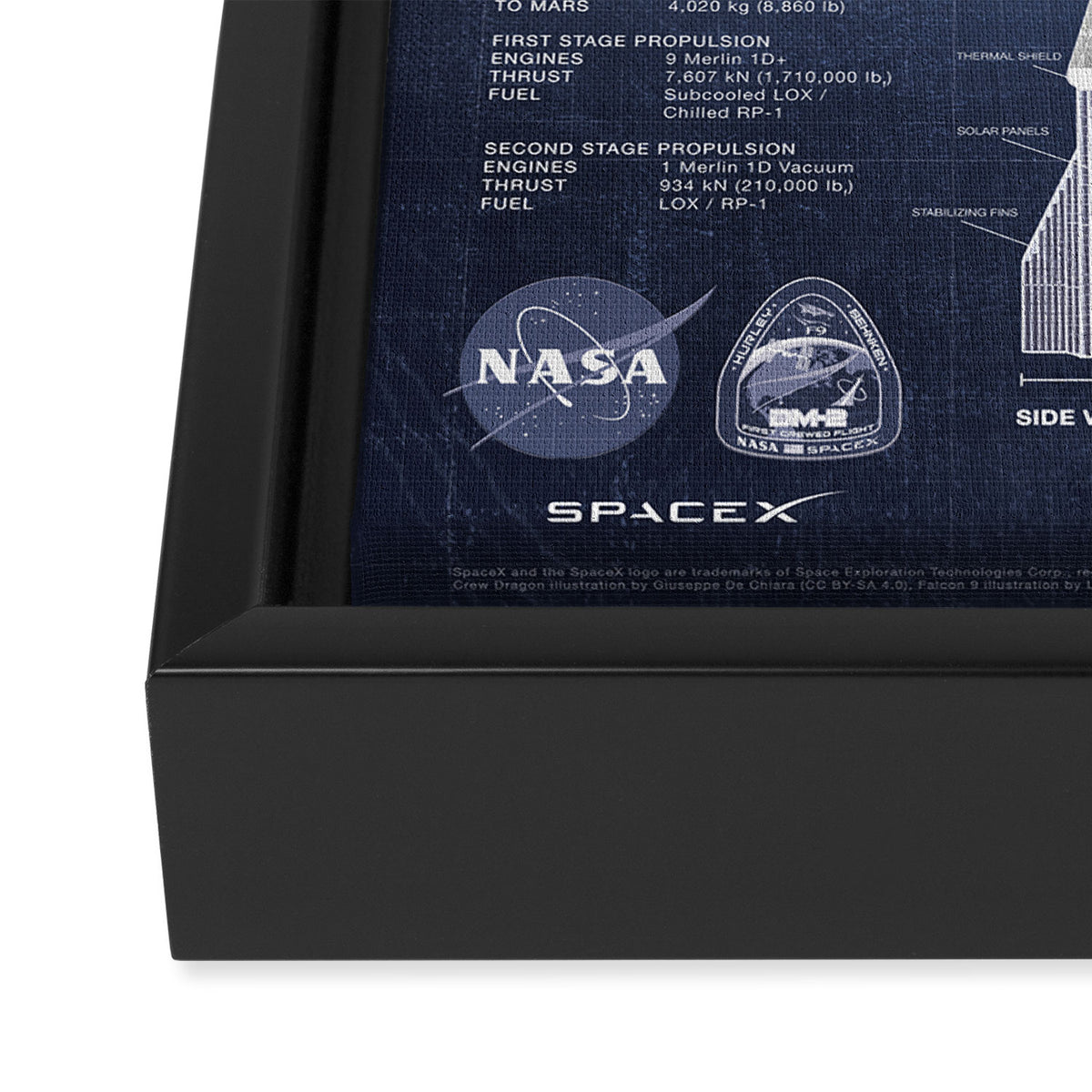 NASA SpaceX Crew Dragon Spacecraft & Falcon 9 Rocket Blueprint in High Resolution (dark blue) Framed Canvas Print Gallery Image 3