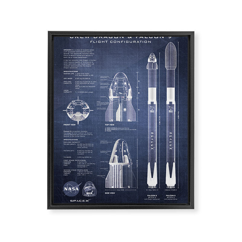 NASA SpaceX Crew Dragon Spacecraft & Falcon 9 Rocket Blueprint in High Resolution (dark blue) Framed Canvas Print Gallery Image 6