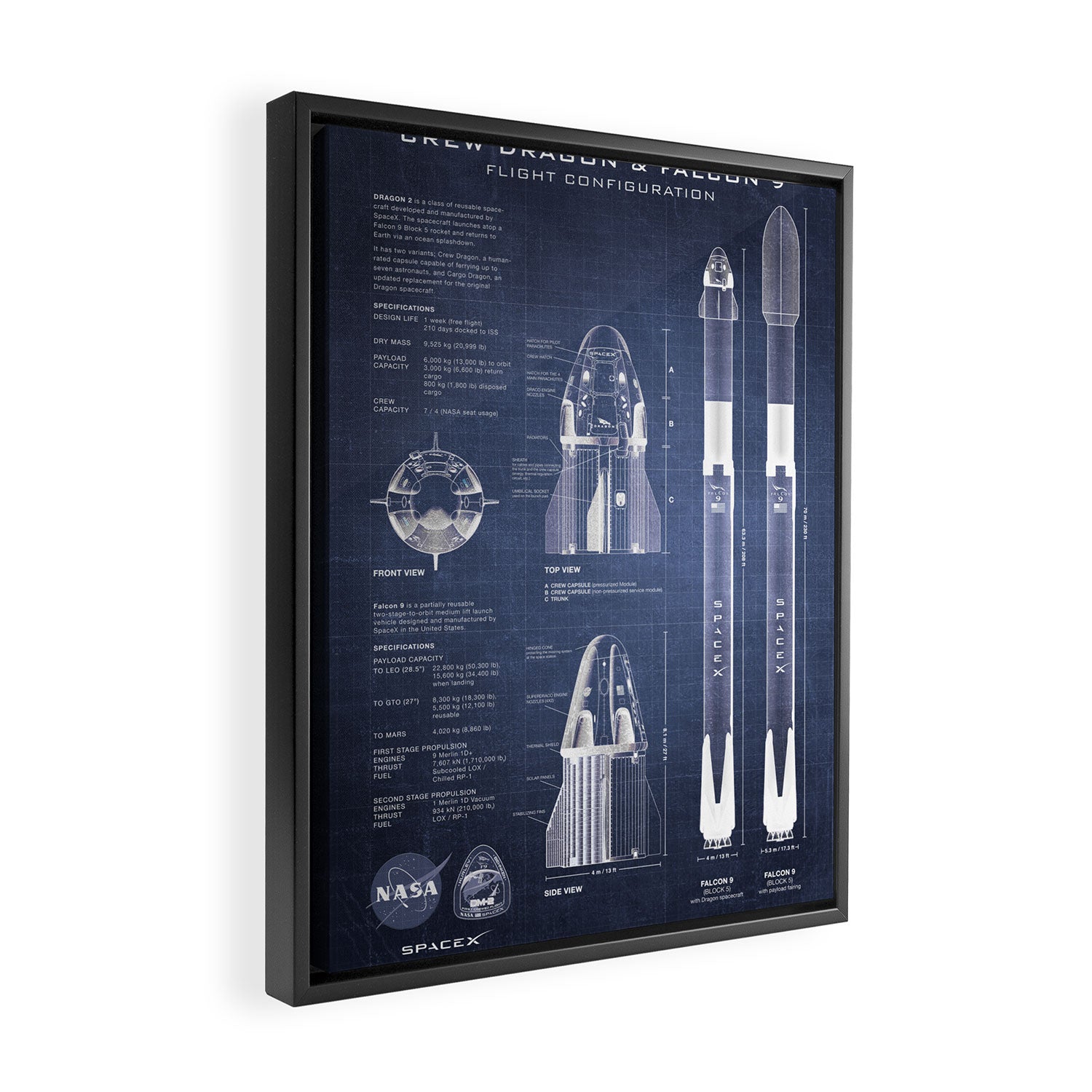NASA SpaceX Crew Dragon Spacecraft & Falcon 9 Rocket Blueprint in High Resolution (dark blue) Framed Canvas Print Gallery Image 2