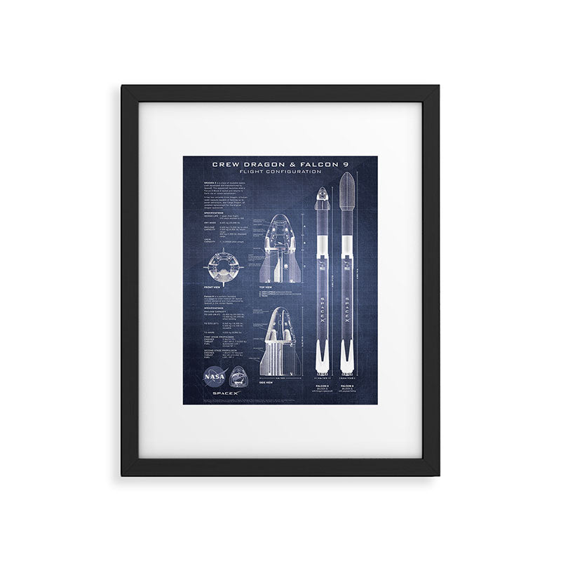 NASA SpaceX Crew Dragon Spacecraft & Falcon 9 Rocket Blueprint in High Resolution (dark blue) Framed Art Print Gallery Image 5