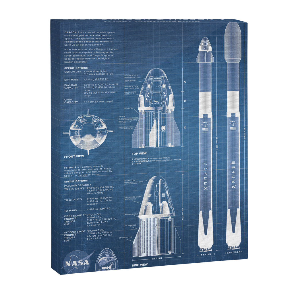 NASA SpaceX Crew Dragon Spacecraft & Falcon 9 Rocket Blueprint in High Resolution (light blue) Canvas Print Gallery Image 6