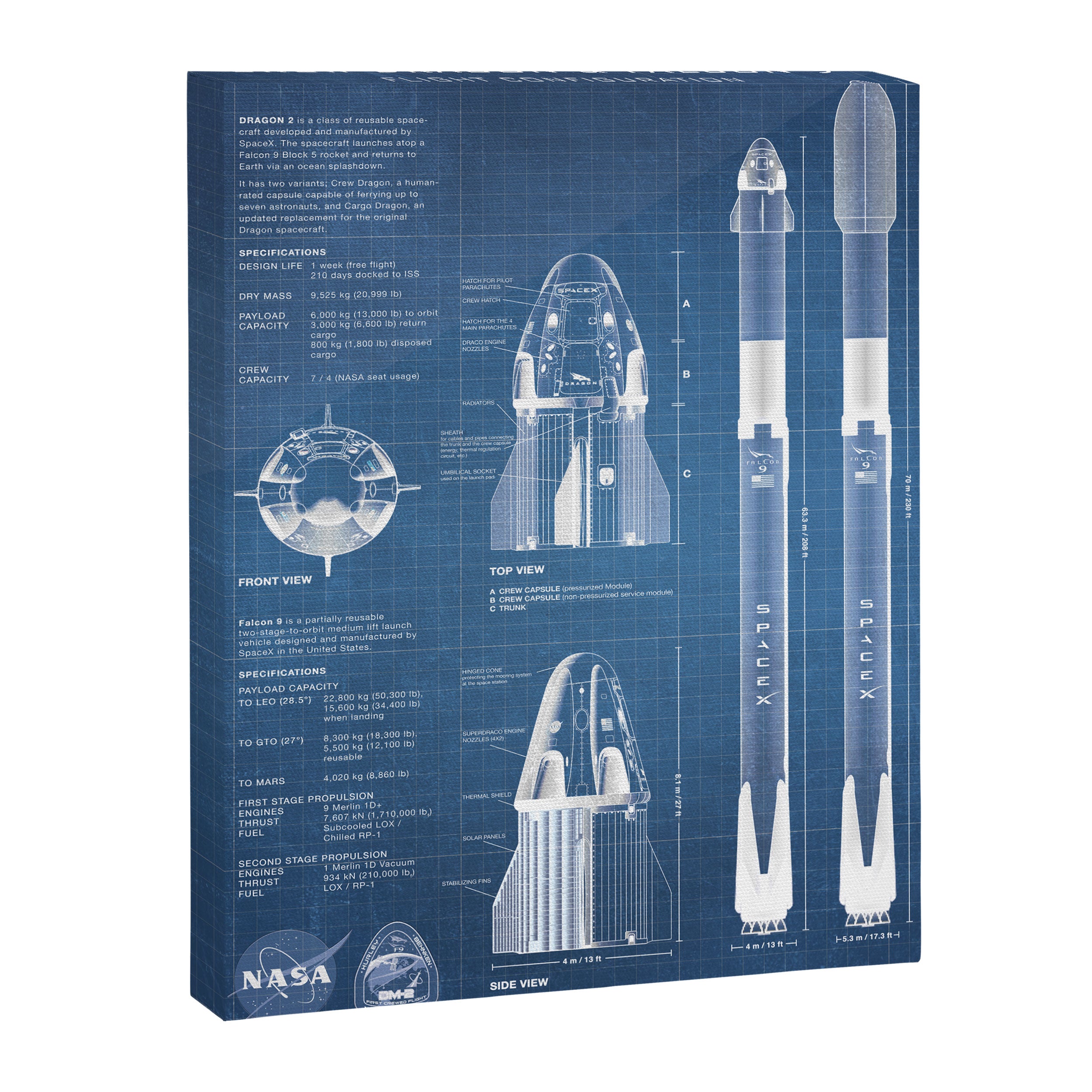 NASA SpaceX Crew Dragon Spacecraft & Falcon 9 Rocket Blueprint in High Resolution (light blue) Canvas Print Gallery Image 6