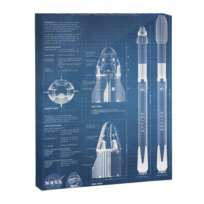 NASA SpaceX Crew Dragon Spacecraft & Falcon 9 Rocket Blueprint in High Resolution (light blue) Canvas Print Gallery Image 1
