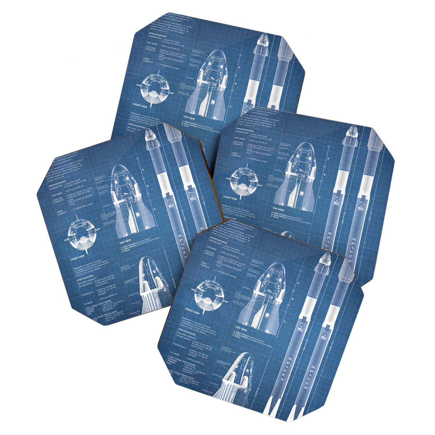 NASA SpaceX Crew Dragon Spacecraft & Falcon 9 Rocket Blueprint in High Resolution (light blue) Coaster Gallery Image 1