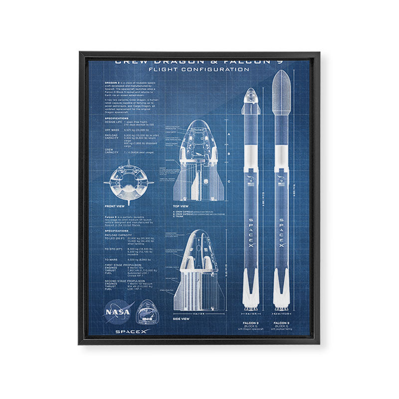 NASA SpaceX Crew Dragon Spacecraft & Falcon 9 Rocket Blueprint in High Resolution (light blue) Framed Canvas Print Gallery Image 6