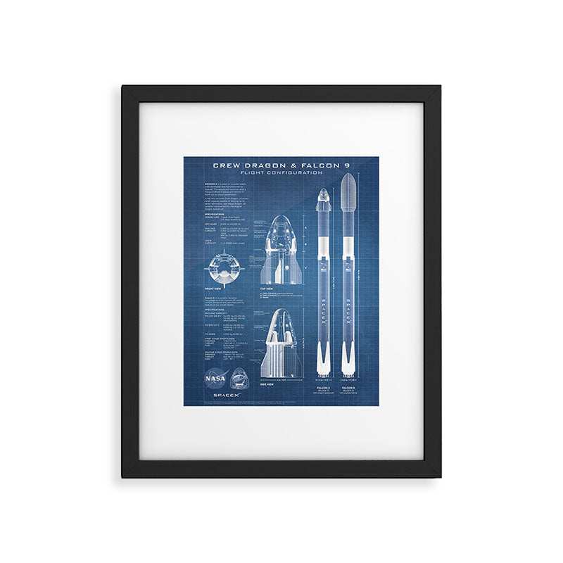 NASA SpaceX Crew Dragon Spacecraft & Falcon 9 Rocket Blueprint in High Resolution (light blue) Framed Art Print Gallery Image 5