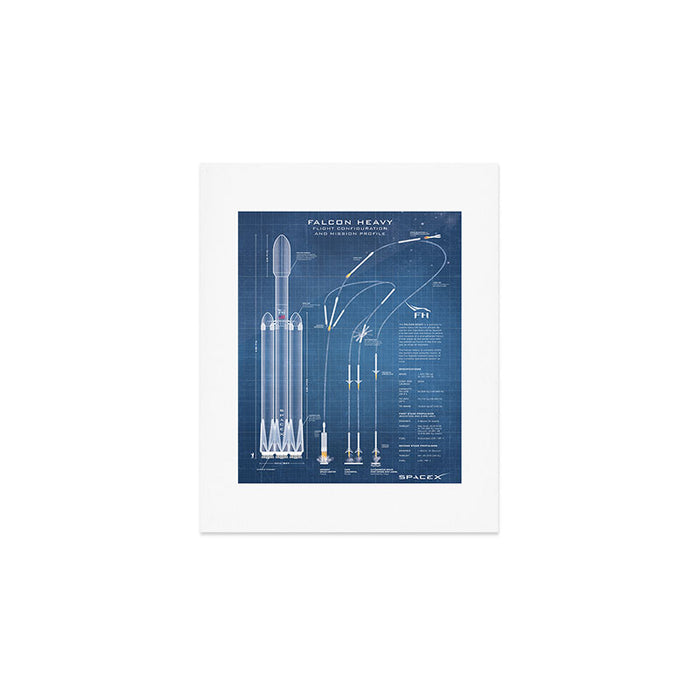 SpaceX Falcon Heavy Spacecraft NASA Rocket Blueprint in High Resolution (light blue) Art Print Gallery Image 1