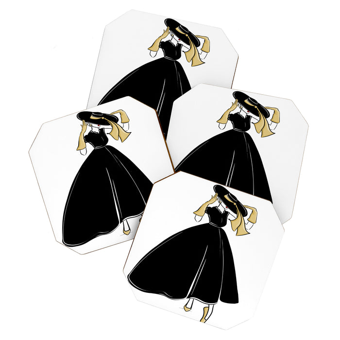 1950's Inspired Fashion Illustration Black & White with Gold Coaster Gallery Image 1