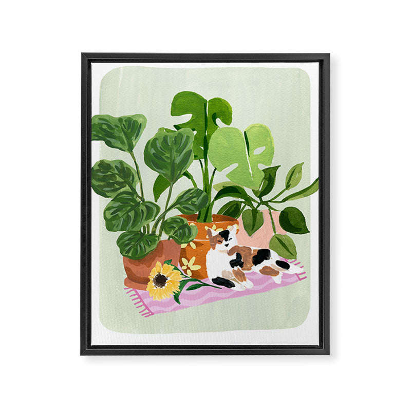 Cat and Plants Still Life Framed Canvas Print Gallery Image 3