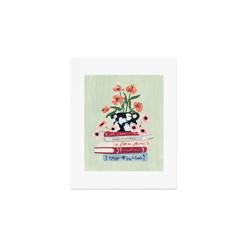 Still Life Art Print with Books and Flowers Art Print Gallery Image 1
