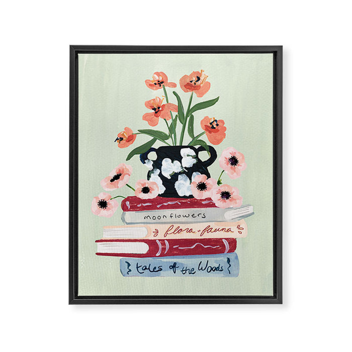 Still Life Art Print with Books and Flowers Framed Canvas Print Gallery Image 1