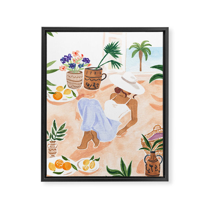 Woman Sitting by the Window Art Print - Sabina Fenn Illustration - Feminine Gouache Tropical Portrai Framed Canvas Print Gallery Image 1