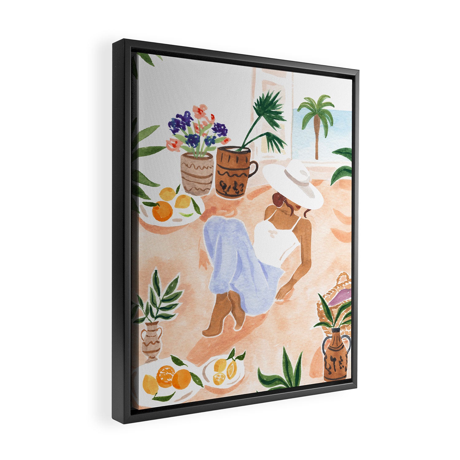 Woman Sitting by the Window Art Print - Sabina Fenn Illustration - Feminine Gouache Tropical Portrai Framed Canvas Print Gallery Image 2