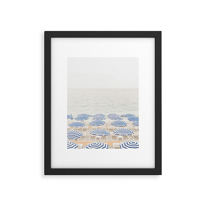 Blue Striped Umbrellas of the French Riviera | Nice, France beach photography Framed Art Print Gallery Image 1