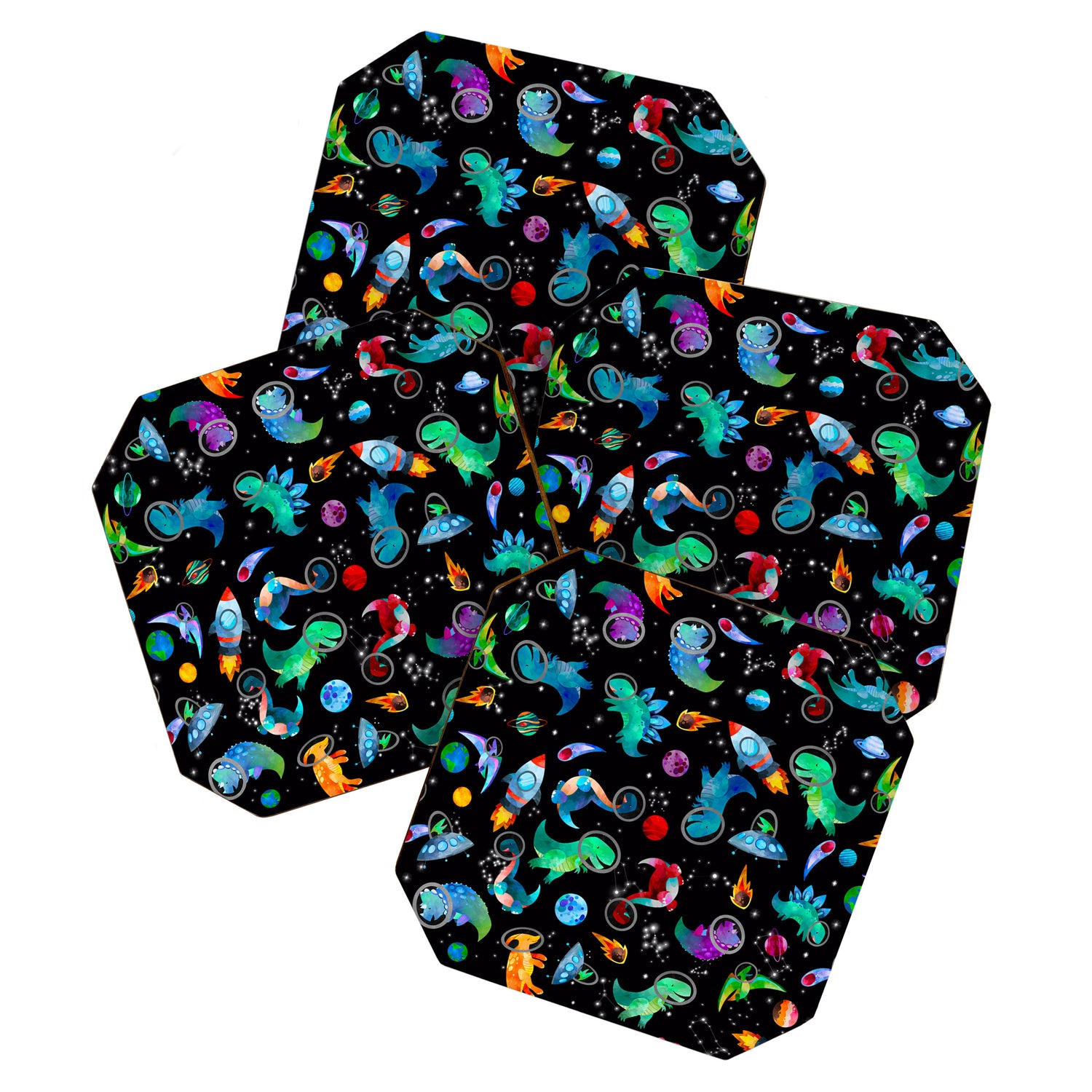 Dinosaur Astronauts In Space Watercolor Pattern Coaster Gallery Image 1
