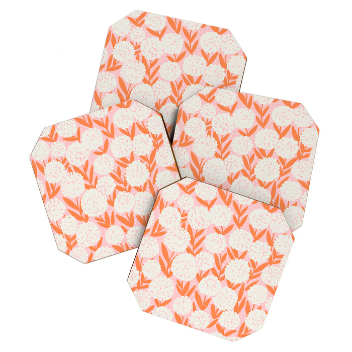 Blooming Abstract Cream and Orange Allium Flowers on Pastel Pink Coaster Gallery Image 1