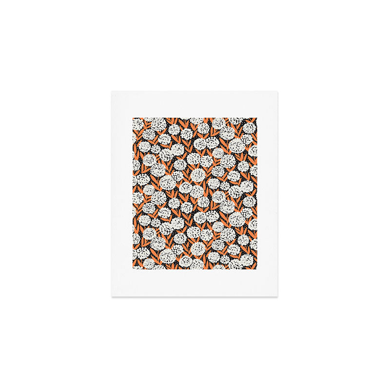 Blooming Abstract White and Orange Allium Flowers on Black Art Print Gallery Image 1