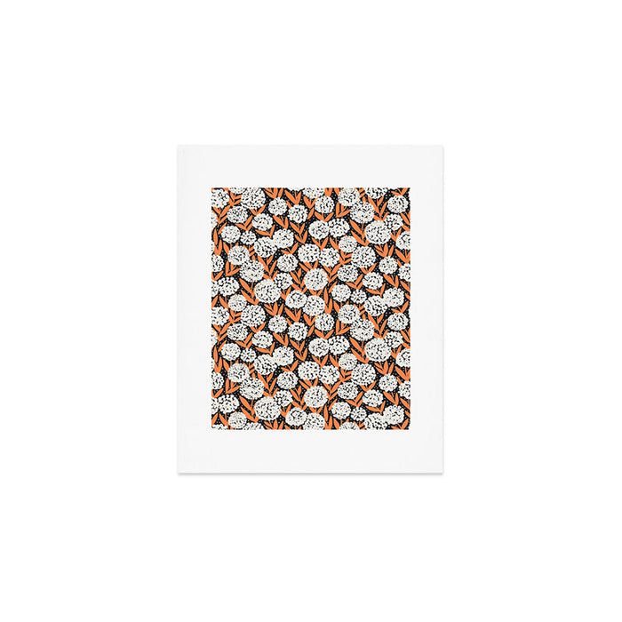 Blooming Abstract White and Orange Allium Flowers on Black Art Print Gallery Image 1