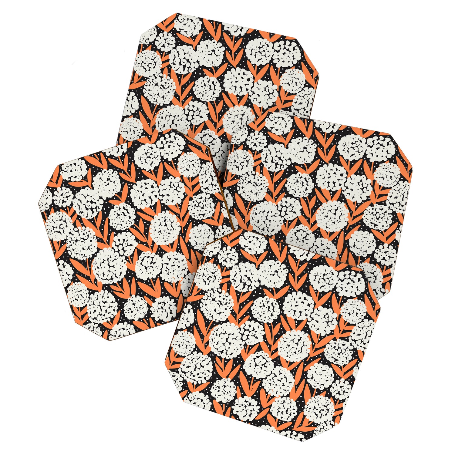 Blooming Abstract White and Orange Allium Flowers on Black Coaster Gallery Image 1