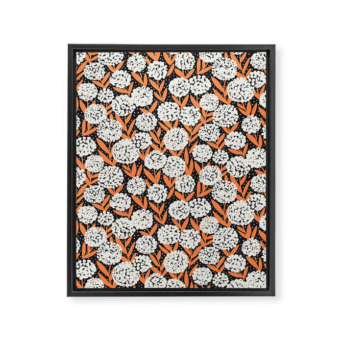 Blooming Abstract White and Orange Allium Flowers on Black Framed Canvas Print Gallery Image 1