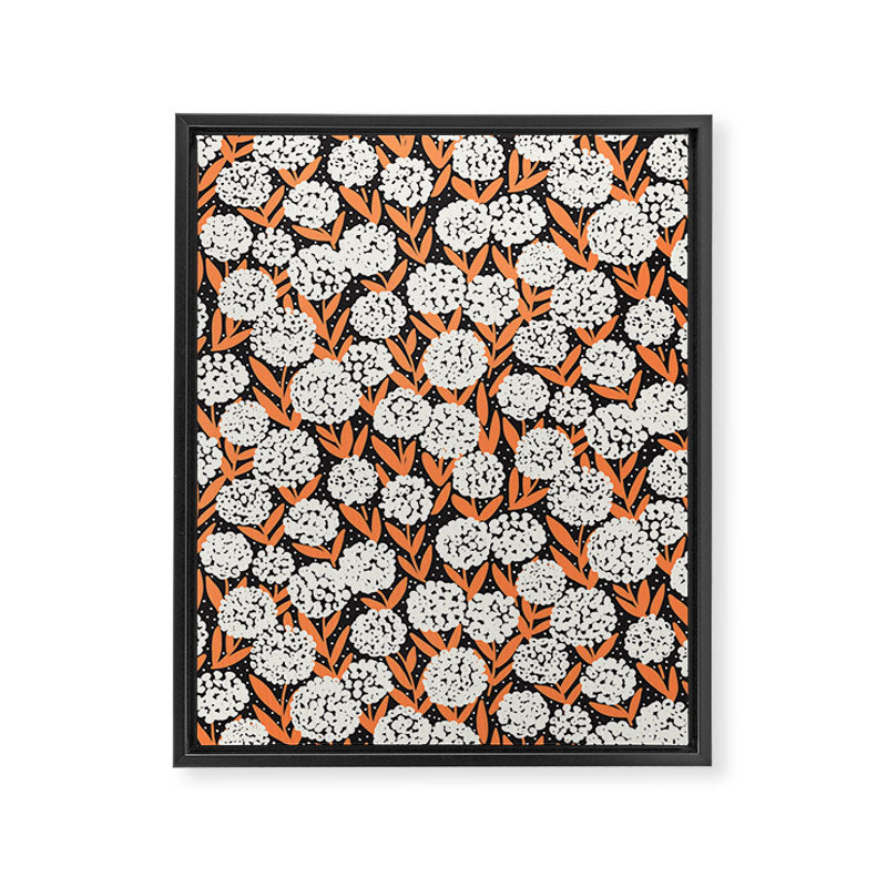 Blooming Abstract White and Orange Allium Flowers on Black Framed Canvas Print Gallery Image 6