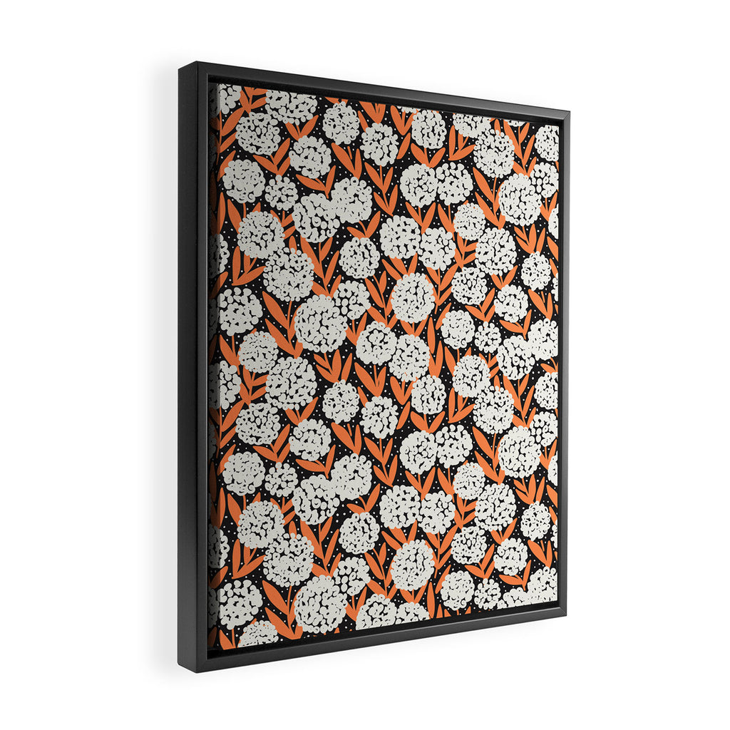 Blooming Abstract White and Orange Allium Flowers on Black Framed Canvas Print Gallery Image 2