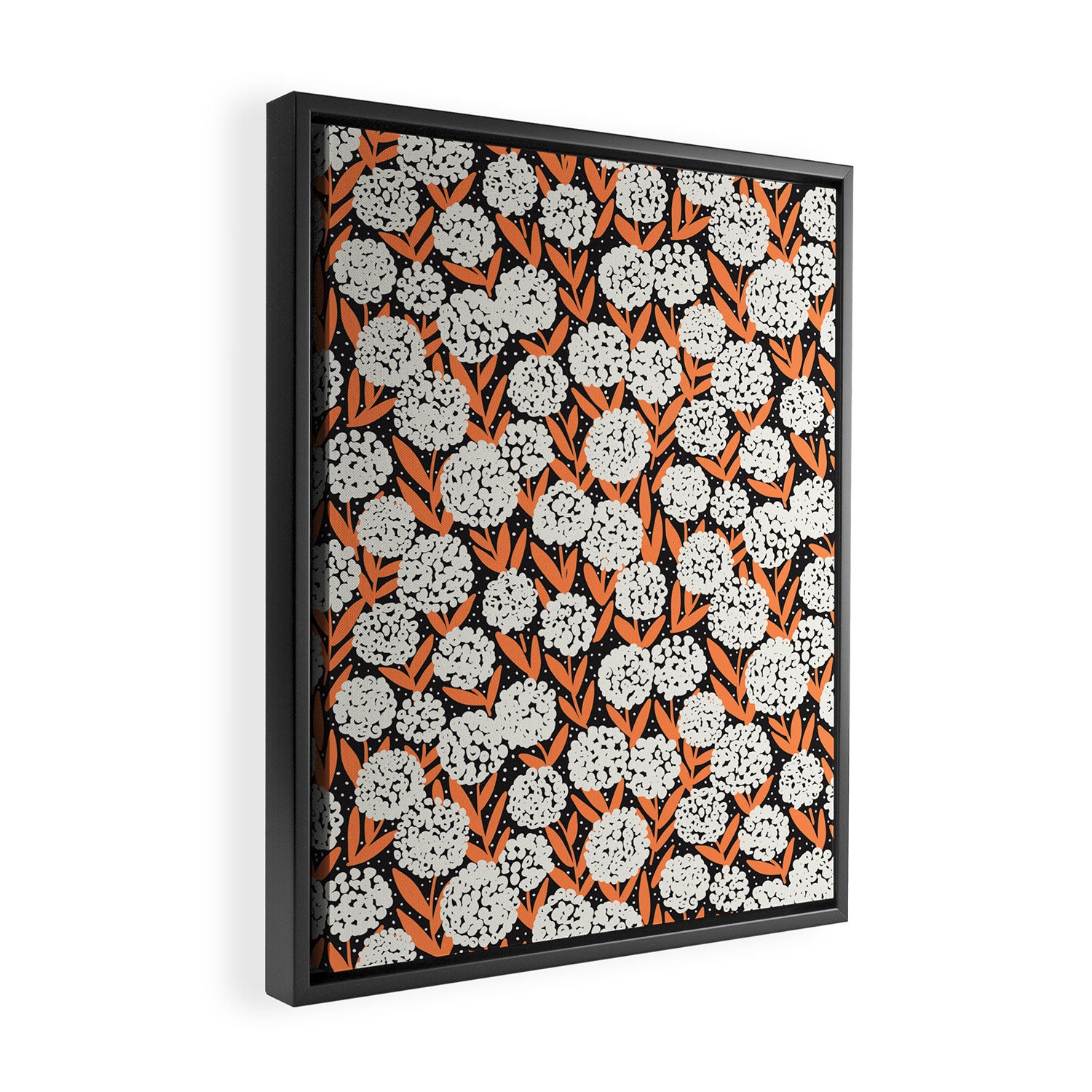 Blooming Abstract White and Orange Allium Flowers on Black Framed Canvas Print Gallery Image 2
