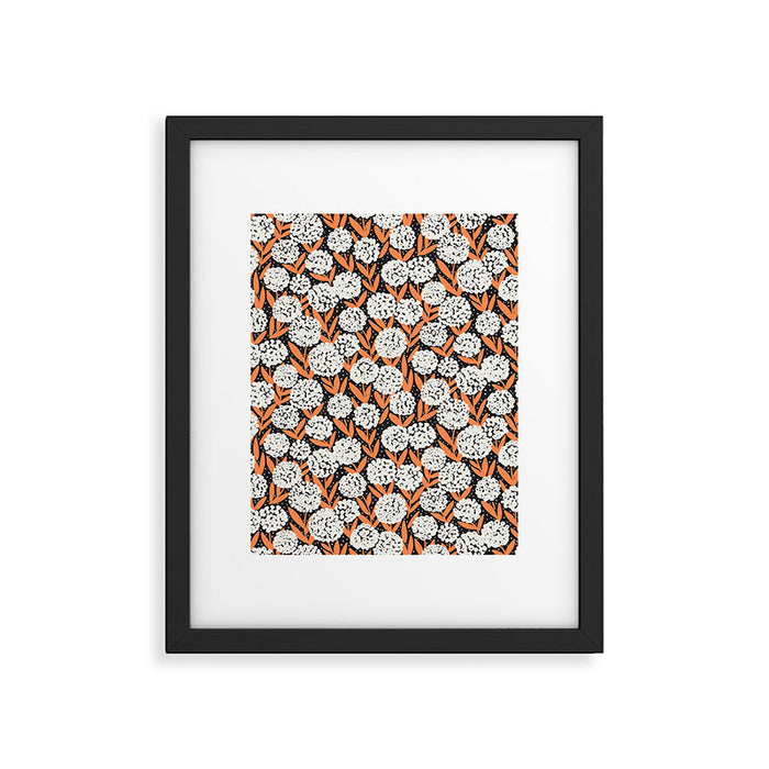 Blooming Abstract White and Orange Allium Flowers on Black Framed Art Print Gallery Image 1