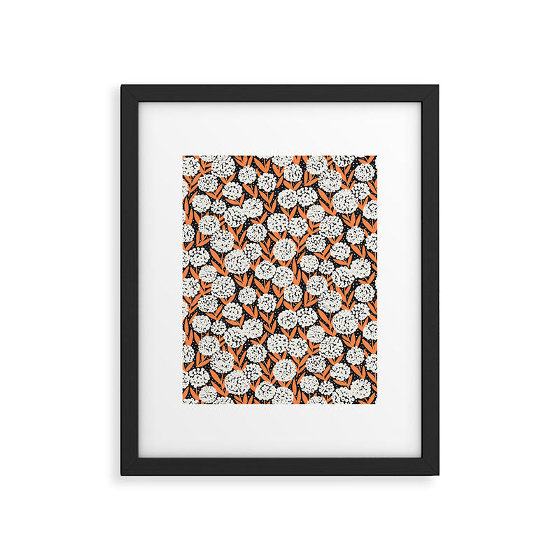 Blooming Abstract White and Orange Allium Flowers on Black Framed Art Print Gallery Image 5