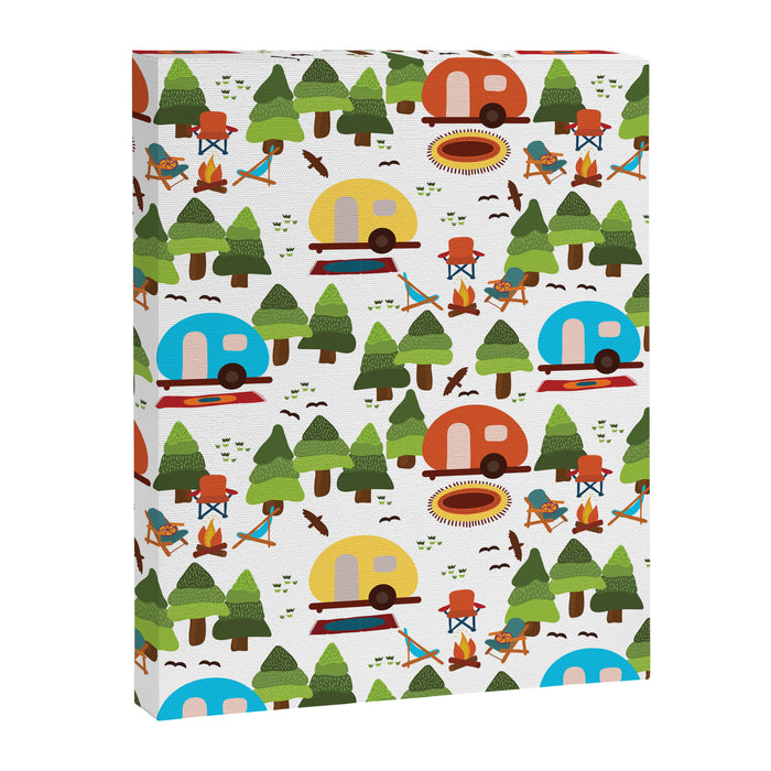 Campsite with caravans, campfire, camping chairs, trees, carpet, birds. Camping in the forest. Campground. RV. Camp night. Big scale. Canvas Print Gallery Image 1