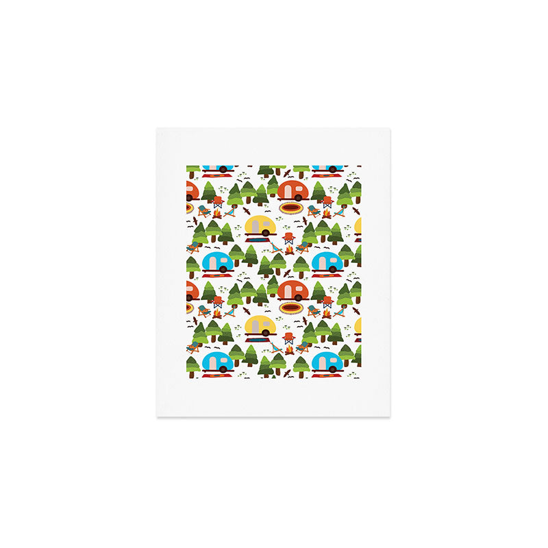 Campsite with caravans, campfire, camping chairs, trees, carpet, birds. Camping in the forest. Campground. RV. Camp night. Big scale. Art Print Gallery Image 1