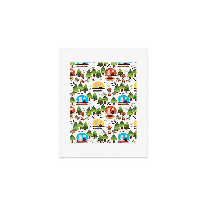 Campsite with caravans, campfire, camping chairs, trees, carpet, birds. Camping in the forest. Campground. RV. Camp night. Big scale. Art Print Gallery Image 1