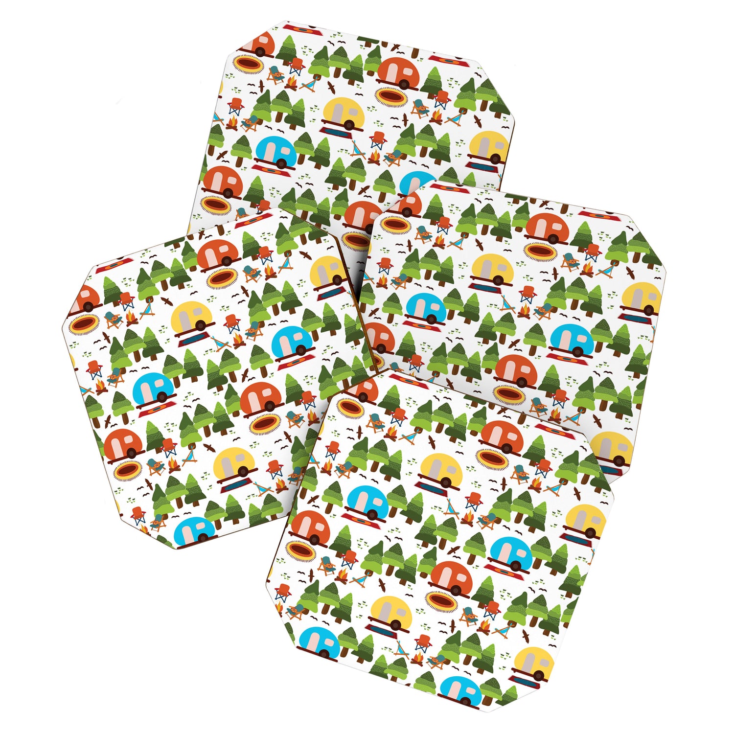 Campsite with caravans, campfire, camping chairs, trees, carpet, birds. Camping in the forest. Campground. RV. Camp night. Big scale. Coaster Gallery Image 1
