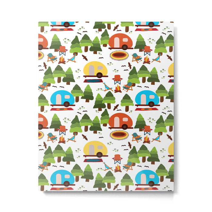 Campsite with caravans, campfire, camping chairs, trees, carpet, birds. Camping in the forest. Campground. RV. Camp night. Big scale. Metal Print Gallery Image 1