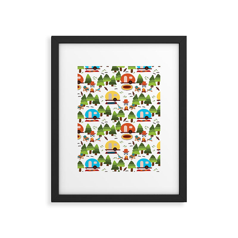 Campsite with caravans, campfire, camping chairs, trees, carpet, birds. Camping in the forest. Campground. RV. Camp night. Big scale. Framed Art Print Gallery Image 6