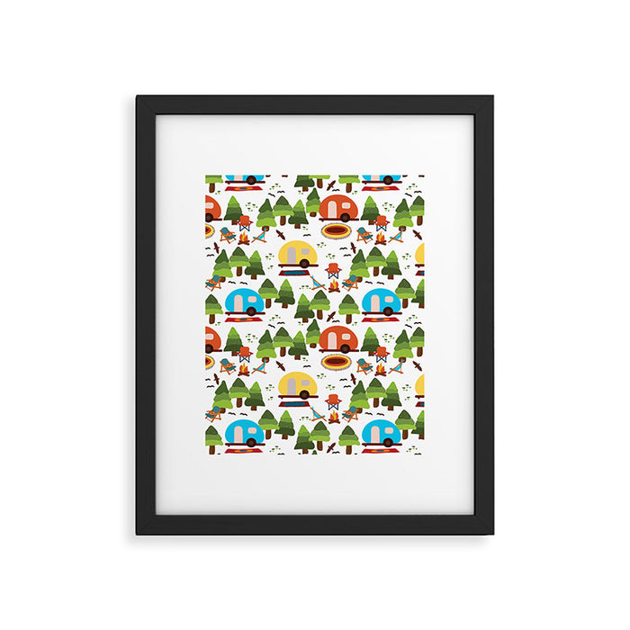 Campsite with caravans, campfire, camping chairs, trees, carpet, birds. Camping in the forest. Campground. RV. Camp night. Big scale. Framed Art Print Gallery Image 1