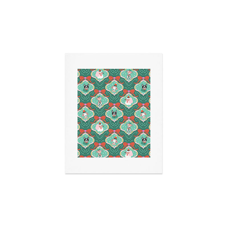 Christmas Dogs Festive Furry Holiday Ornaments Damask Dark Green  Art Print Gallery Image 1