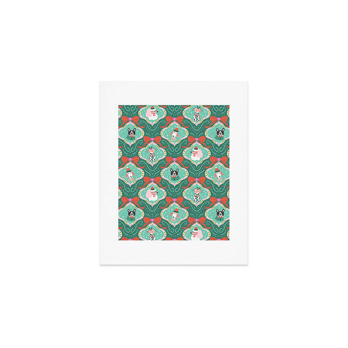 Christmas Dogs Festive Furry Holiday Ornaments Damask Dark Green  Art Print Gallery Image 1